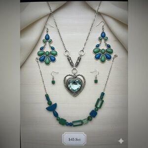 Boho Statement Jewelry Set - Silver Heart Pendant & Enamel Drop Earrings - 3pc